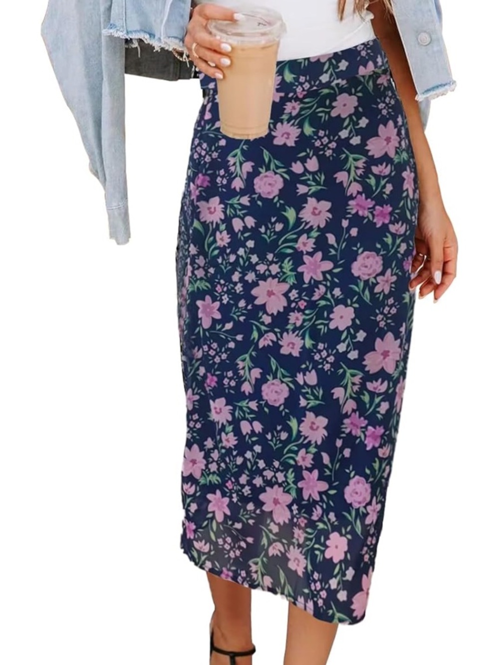 Navy Floral Midi Skirt with Pink Blossoms